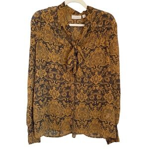 Hinge Size M 100% Silk Camel Brown Black Damask Print Tie Neck Sheer Blouse